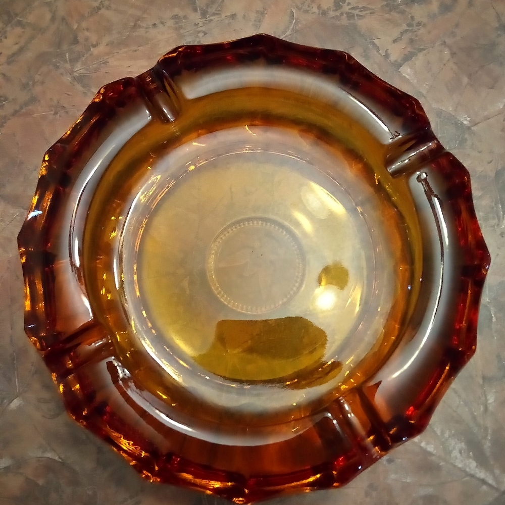 Amber Brown Glass Presidential Ashtray.